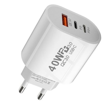 Sieťová nabíjačka 2 x USB-C, 1 x USB-A, 40 W, rýchle nabíjanie, QC 3.0, iPhone, Huawei, Samsung, Xiaomi